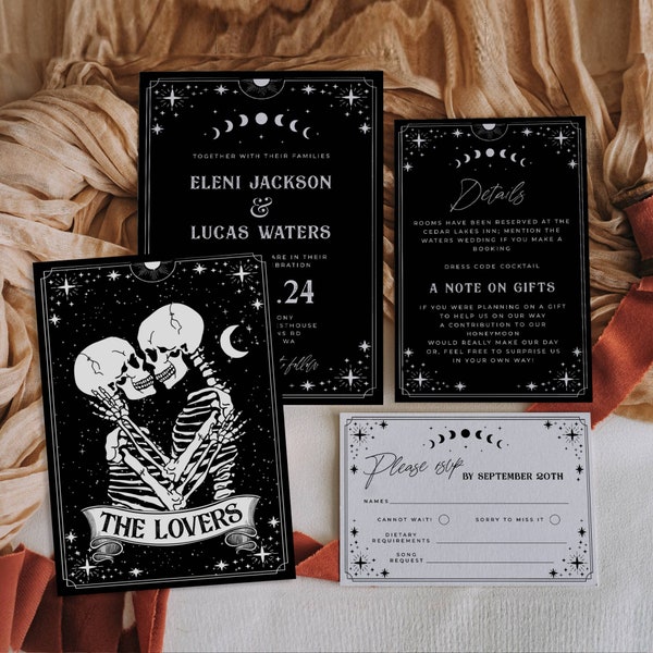 Tarot Card Wedding Invitation Suite Template, Printable Gothic Halloween Wedding Invite Set, Editable Skeleton Invite, Instant Download #H9