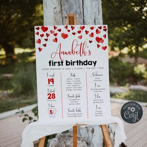 Valentine&#39;s Day Milestone Birthday Poster, Printable Little Sweetheart First Birthday Board, Editable Hearts Sign, Instant Download, #V1