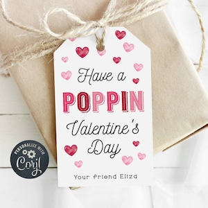 Popcorn Valentine Gift Tag Template, Printable Have A Poppin Valentine&#39;s Day Favor Tag, Editable School Class Treat Tags, Instant Download