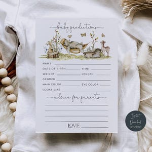 Woodland babyshower voorspellingen en advieskaarten, afdrukbaar advies voor toekomstige ouders, schattige bosdieren douchespel, direct downloaden, #WS