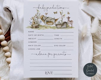 Tarjetas de consejos y predicciones para baby shower con temática de bosque, consejos imprimibles para futuros padres, juego de baby shower con animales del bosque, descarga digital, #WS
