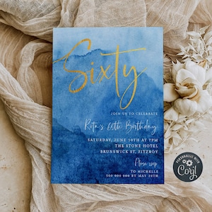Elegant Blue & Gold Adult Birthday Invitation Template, Printable Any Age Party Invite, Editable Modern Sixty Invite, Instant Download, #AB