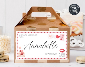 Editable Valentine's Day Gable Box Label Template, Printable Valentine Treat Box Sticker, Special Delivery Love Mail Label, Instant Download