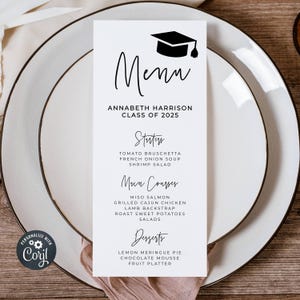 Minimalist Graduation Dinner Menu Template, Printable Modern Graduate Table Decor, Editable Grad Party Hat Menu Cards, Instant Download, #SG
