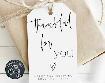 Minimalist Thanksgiving Favor Tag Template, Editable Thankful For You Gift Tag, Printable Modern Friendsgiving Tag, Instant Download, #HT