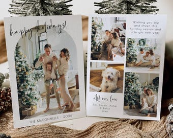 Modern Arch Photo Holiday Card Template, Printable Minimalist Christmas Card, Editable Family Pictures Xmas Greeting Card, Digital Download