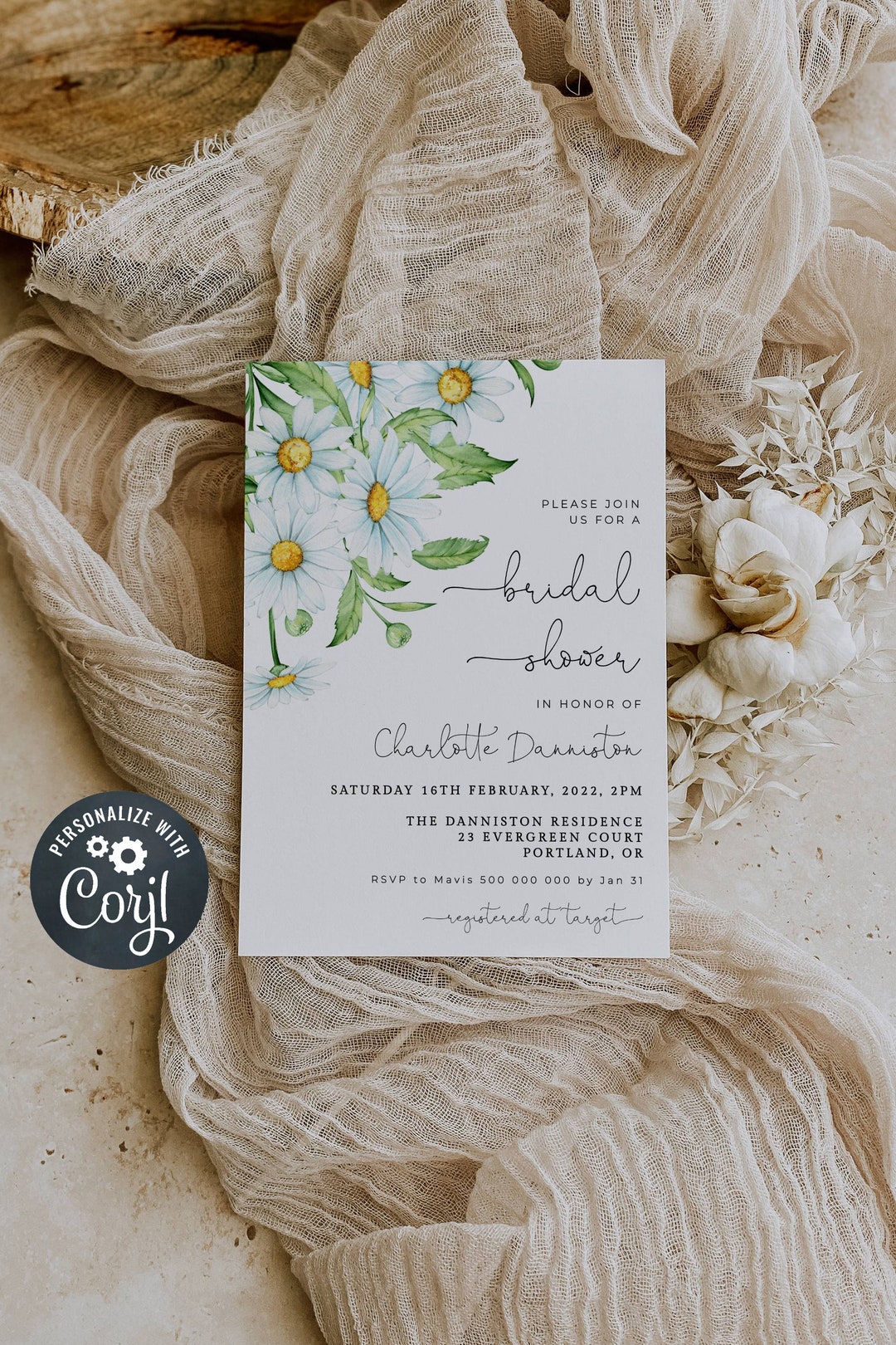 Daisy Bridal Shower Invitation Template Printable White Etsy