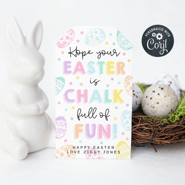 Easter Chalk Gift Tag Template, Printable Chalk Full Of Fun Easter Basket Favor Tags, Editable Pastel Easter Eggs Tag, Instant Download