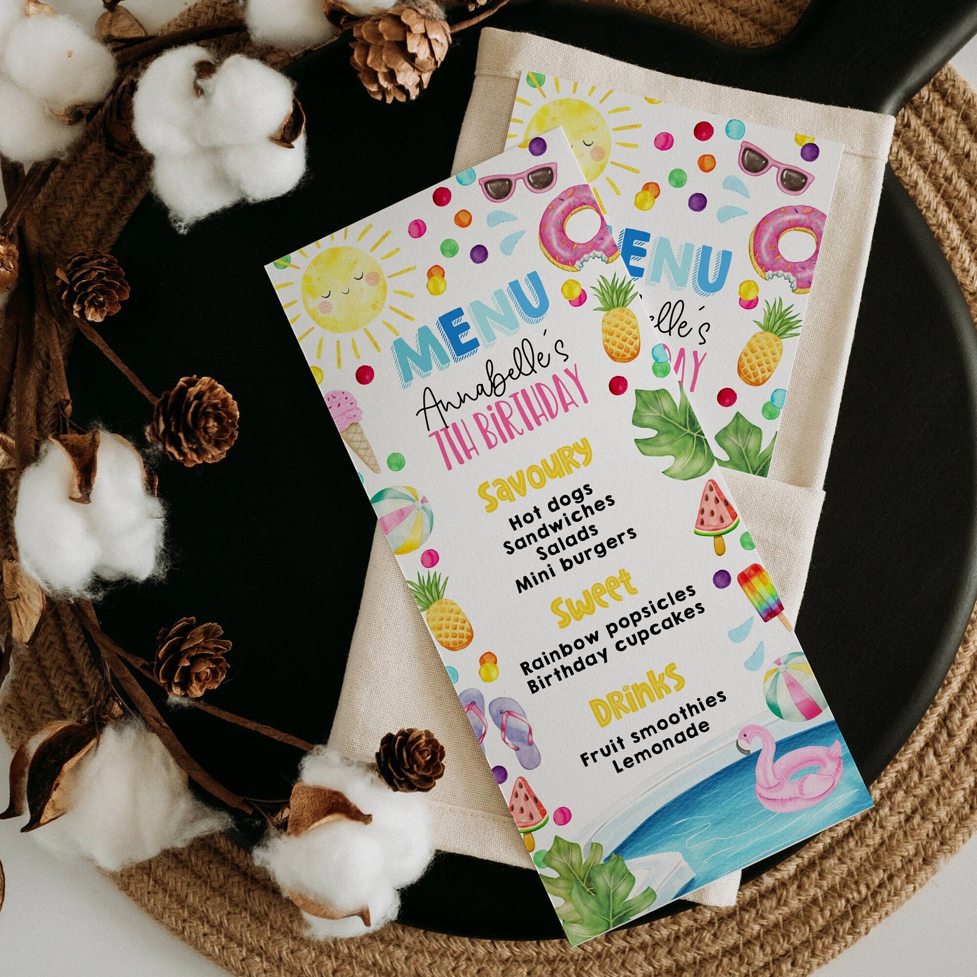 Summer Pool Party Menu Template, Printable Kids' Birthday Menu Cards ...