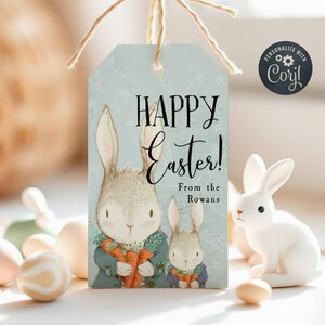 Fröhliche Osterhasen Geschenkanhänger Vorlage, druckbare Osterkorb Gunst Tags, bearbeitbares niedliches Vintage Häschen Karotten Tag, sofortiger Download