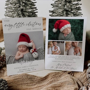 Plantilla de tarjeta navideña para recién nacidos, tarjeta de anuncio de nacimiento editable con feliz Navidad, tarjeta festiva con foto de bebé imprimible y descarga instantánea