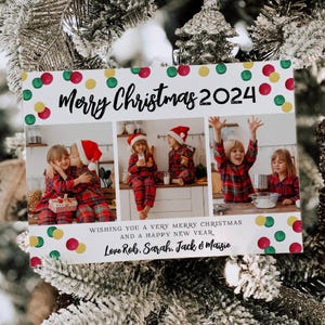 Modèle de carte de vœux photo confettis lumineux, carte de Noël imprimable, carte de vœux à pois vert rouge or amusante modifiable, téléchargement immédiat