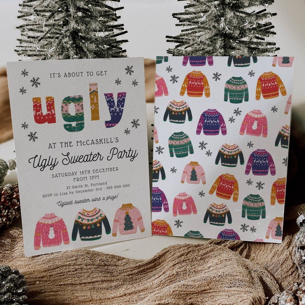 Hässliche Pullover Weihnachten Einladung Vorlage, druckbare Urlaub Party einladen, bearbeitbare Spaß Weihnachten Jumper Einladung, Sofort Download