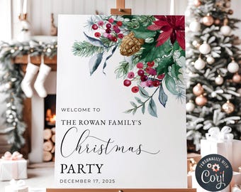 Plantilla de cartel de bienvenida para fiesta de Navidad, póster de bienvenida navideño moderno con diseño floral para imprimir, bienvenida de invierno editable, descarga digital, #CWF