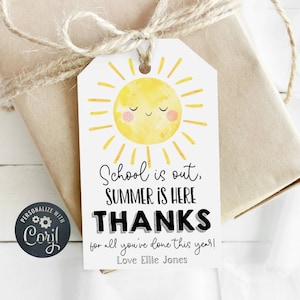 Modèle d'étiquette-cadeau d'appréciation des enseignants d'été, étiquette de remerciement modifiable soleil, étiquette de cadeau de fin d'année imprimable téléchargement immédiat