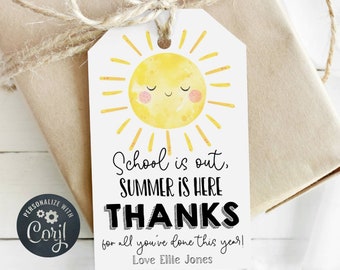 Summer Teacher Appreciation Gift Tag Template, Editable Sunshine Thank You Tag, Printable Schools Out End of Year Favor Tag Instant Download