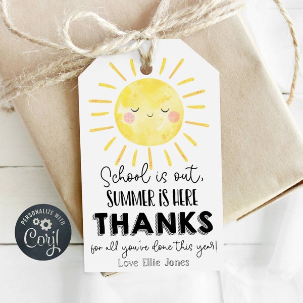 Zomer leraar waardering cadeau tag sjabloon, bewerkbare Sunshine dank u tag, afdrukbare scholen uit einde van het jaar gunst tag Instant Download