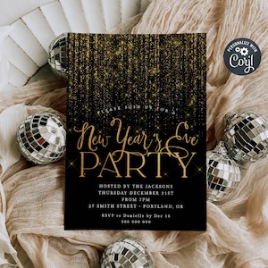 Silvester Party Einladung Vorlage, druckbare Gold Lichter Konfetti einladen, bearbeitbare moderne Glitzer NYE Party einladen, sofortiger Download