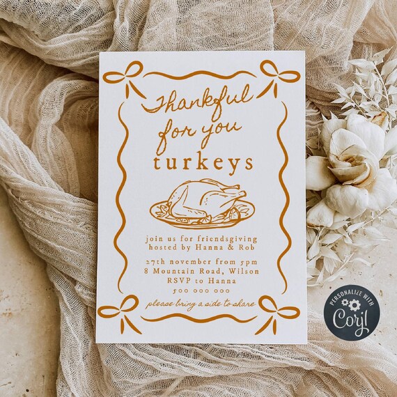Thankful For You Turkeys Invitation Template, Printable Whimsical Friendsgiving Invite, Editable Thanksgiving Invite, Digital Download