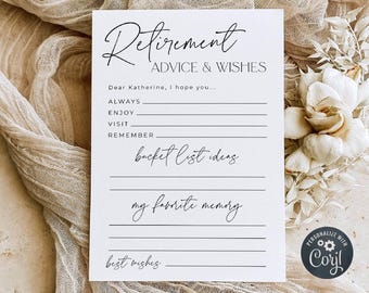 Classic Retirement Advice & Wishes Card Template, Printable Retiree Party Game, Editable Elegant Fun Retirement Activity, Digital Download