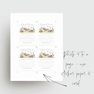 Pu&ograve; includere: Carte di gioco per baby shower stampabili con tema boscoso. Le carte mostrano un cucciolo di animale in un cesto con il testo "baby's first library" e "chosen for you because". Le carte sono progettate per essere stampate 4 per pagina e utilizzate con carta adesiva.