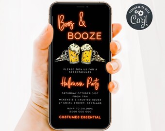 May include: A black and orange Halloween party invitation on a smartphone screen. The invitation features a neon sign that says "Boo's & Booze" and two skeleton hands holding beer mugs. The text on the invitation reads "Please join us for a spooktacular Halloween Party, Saturday October 31st from 7pm, McKenzie's Haunted House, 27 Smith Street, Portland, RSVP to Jacinda (500) 000 000, Costumes Essential."