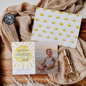 Sunshine Birthday Photo Invitation Template, Printable First Trip Around The Sun Invite, Editable Our Little Sunshine, Instant Download, #S1