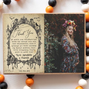 Bewerkbare fotolijst gotische babyshower bedankkaartsjabloon, afdrukbare Spooky Haunted oktobershower bedankt, direct downloaden, #H7