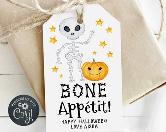 Bone Appétit Halloween Gift Tag Template, Printable Halloween Skeleton Treat Bag Tag, Editable Halloween School Favors, Digital Download