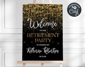 May include: Black welcome sign with gold glitter background and text. The text reads "Welcome to the Retirement Party in honour of Katherine Robertson 10.12.25".