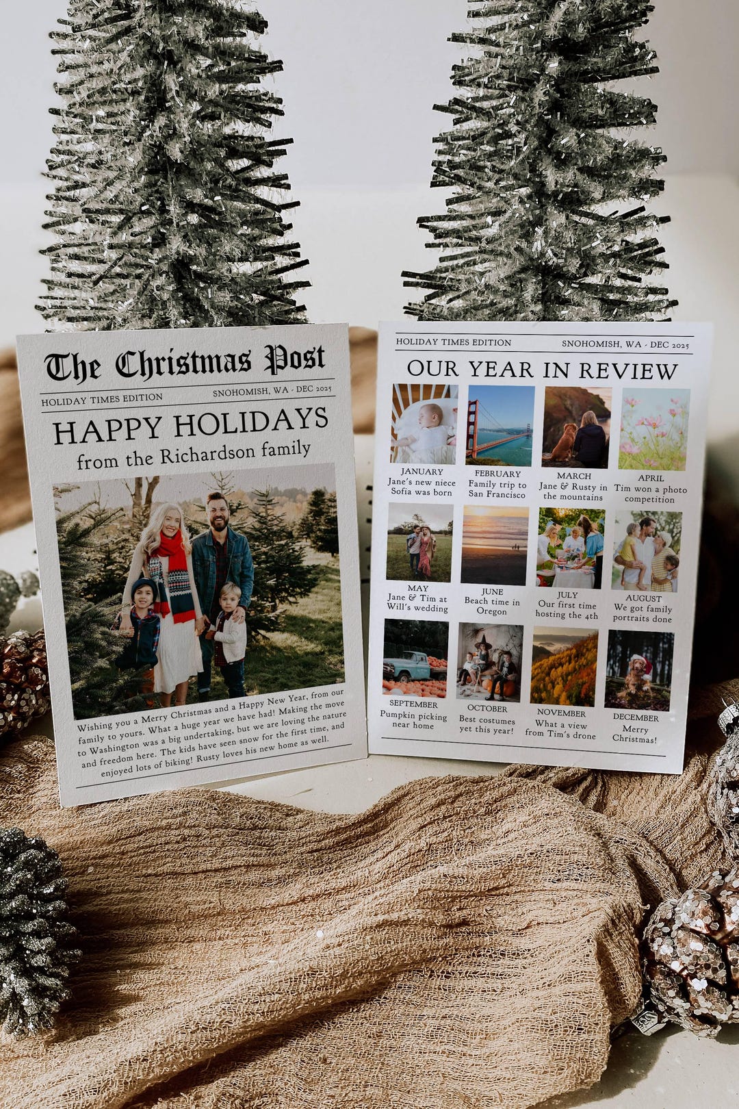 Year in Review Holiday Card Template, Printable Photo Newspaper