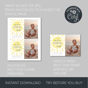 May include: A digital birthday invitation template featuring a yellow watercolor sun graphic with the text Our Little Sunshine Harrison is turning one. The design includes a placeholder for a photo of a child sitting on a beach and RSVP details.