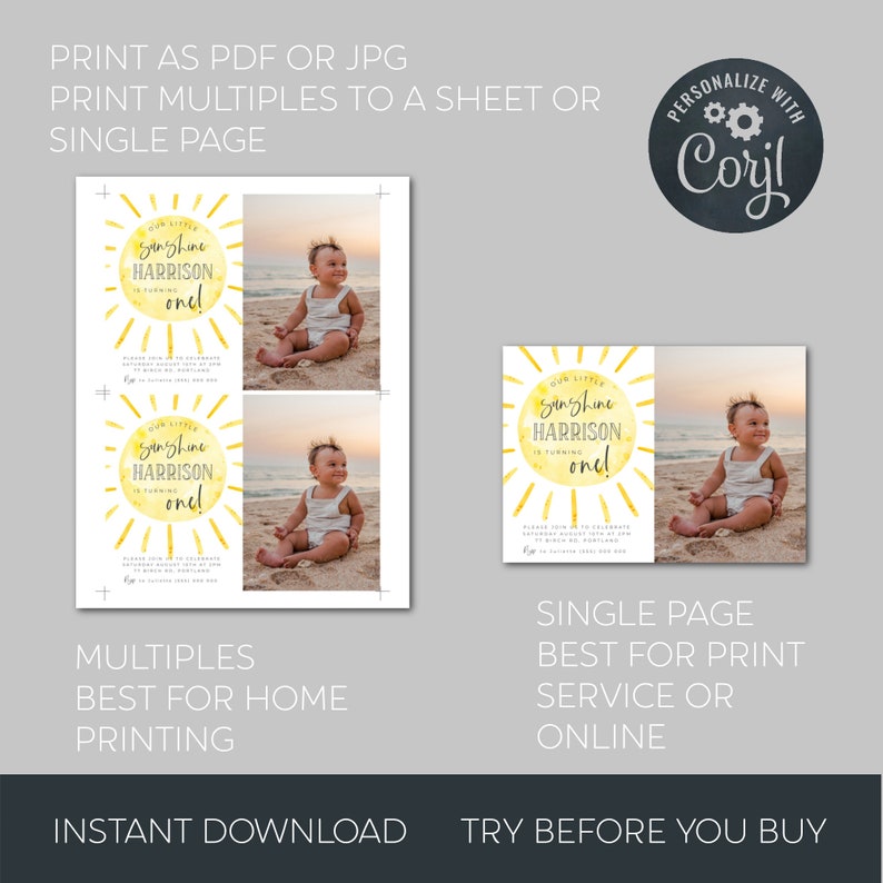 May include: A digital birthday invitation template featuring a yellow watercolor sun graphic with the text Our Little Sunshine Harrison is turning one. The design includes a placeholder for a photo of a child sitting on a beach and RSVP details.