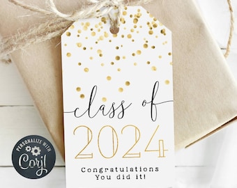 Graduation Class Of 2024 Favor Tag Template, Printable Gold Confetti Grad Party Gift Tag, Editable Student Graduate Tag, Instant Download