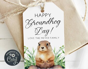 Happy Groundhog Day Gift Tag Template, Printable Spring Groundhog Favor Tag, Editable Modern Woodchuck Treat Tag, Instant Download