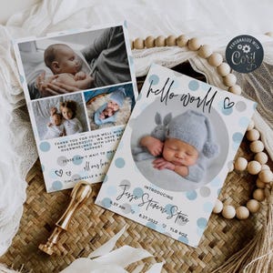 Modèle de faire-part de naissance taches modernes, carte de naissance imprimable à pois bleus, mot de remerciement modifiable pour nouveau-né bébé garçon, téléchargement immédiat