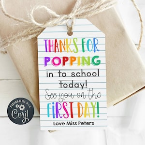 Meet The Teacher Gift Tag Template, Printable Thanks For Popping In Tag, Editable See You On The First Day Of School Tag, Instant Download