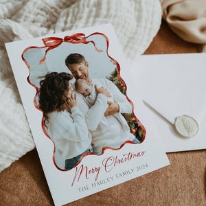 Red Bow Holiday Card Template, Printable Family Photo Christmas Card ...