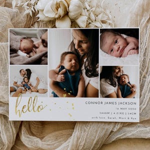 Modèle de faire-part de naissance bonjour bébé, carte de naissance imprimable photos nouveau-né, faire-part de naissance Script moderne modifiable, téléchargement immédiat