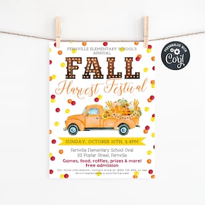 Fall Harvest Festival Flyer Template, Printable School Community Fall Truck Invite, Editable Autumn Church Event Poster, Instant Download