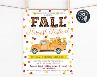 Fall Harvest Festival Flyer Template, Printable School Community Fall Truck Invite, Editable Autumn Church Event Poster, Digital Download