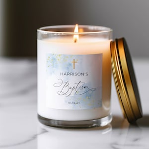 Blauwe en gouden doopkaars labelsjabloon, afdrukbare aquarel doopkaars sticker, bewerkbare religieuze gunsten, direct downloaden, #BB