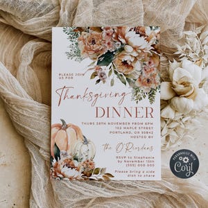 Fall Floral Thanksgiving Dinner Invitation Template, Printable Pumpkins Friendsgiving Potluck Invite, Editable Boho Invite, Instant Download