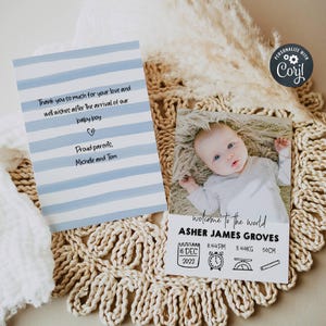 Faire-part de naissance imprimable, faire-part de naissance nouveau-né, modèle de Doodles carte de statistiques de naissance recto-verso, téléchargement immédiat