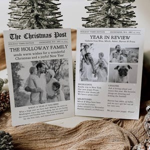Plantilla de tarjeta navideña con resumen del año en formato periódico, tarjeta navideña con foto imprimible, tarjeta de felicitación de actualización familiar editable, descarga instantánea