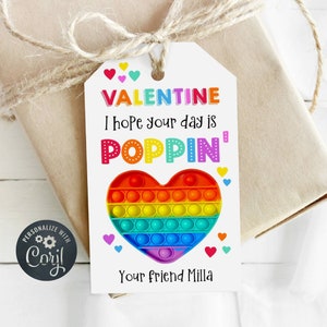 Valentine Pop It Gift Tag Template, Printable Poppin Valentine&#39;s Day Tags, Editable Rainbow Heart School Class Valentine, Instant Download