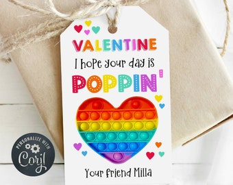 Valentine Pop It Gift Tag Template, Printable Poppin Valentine's Day Tags, Editable Rainbow Heart School Class Valentine, Instant Download