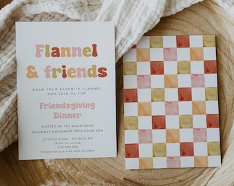 Flannel & Friends Invitation Template, Printable Friendsgiving Dinner Invite, Editable Retro Check Thanksgiving Invite, Digital Download