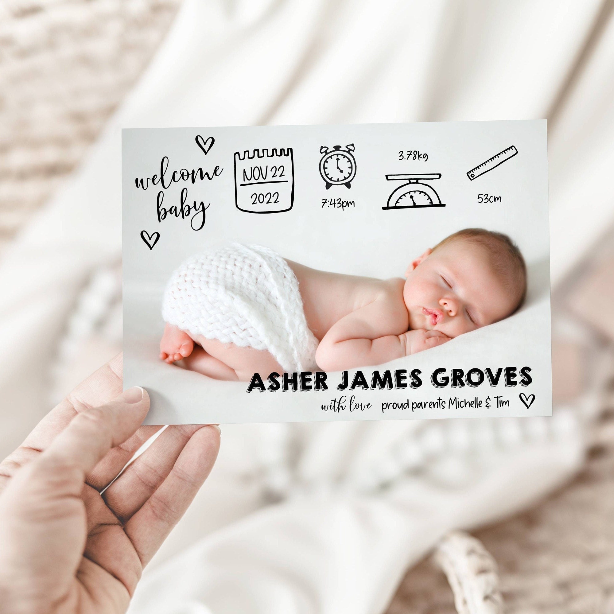Birth Stats Baby Announcement Card Template, Printable Newborn Thank ...