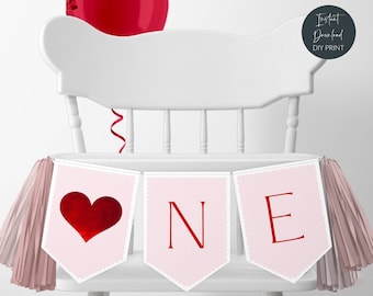 Valentine Birthday One High Chair Banner Template, Printable Our Little Sweetheart Garland, Hearts 1st Birthday Decor, Instant Download, #V2